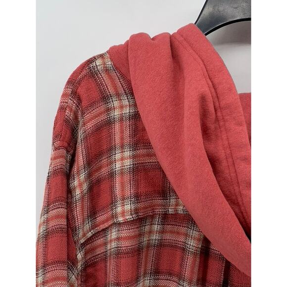 AMERICAN EAGLE Men's Red Plaid Button-Up Hooded Long Sleeve Sweater Shirt SZ L - Picture 4 of 11